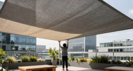 Heatherwick Studio and SPPARC shelter rooftop terrace with pleated canopy at London's Olympia
