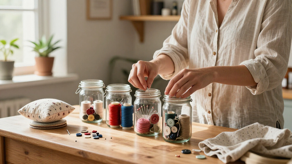 Savvy Upcyclers Transform Old Glass Jars Into A Sewing Kit With An Impressive DIY